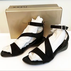 The FLEXX Gladding Black Nubuck Leather Ankle Strap Wedge Sandal